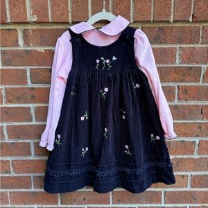 Vintage Goodlad Corduroy Blue Pink Embroidered Floral Jumper Dress Size 4T Girls